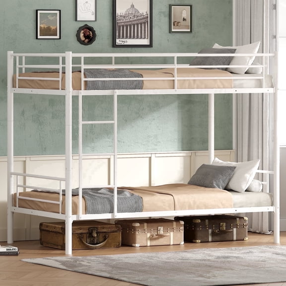 Uiowio Twin over Twin Metal Bunk Bed with Built-in Ladder & Safety Guardrail, Space-Saving Bunk Beds Frame with Storage for Bedroom & Dorm Room, White