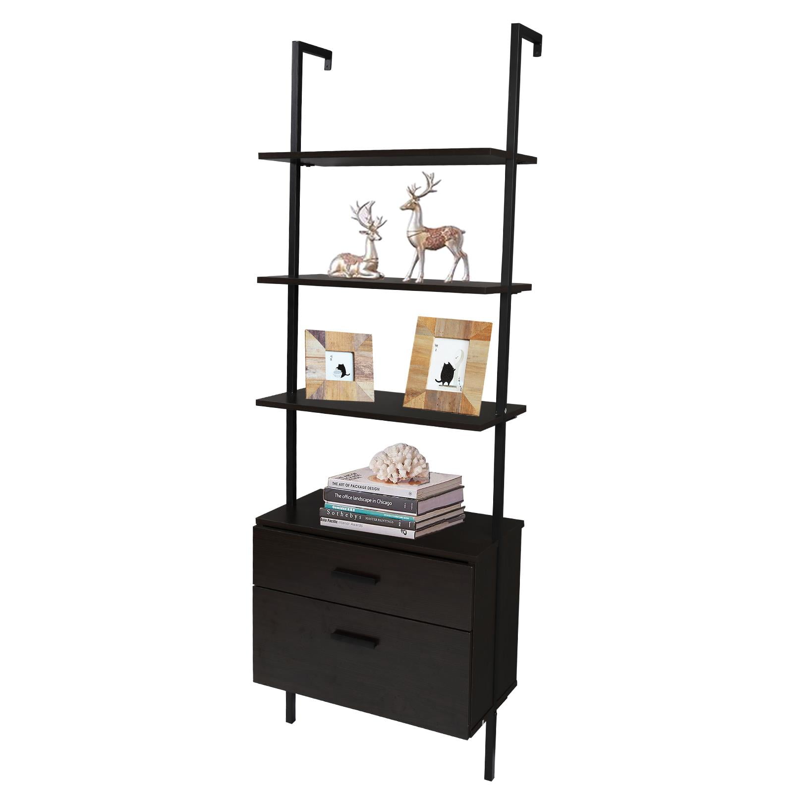 3 Tier Industrial Wood Ladder Bookcase, Black Shelving Unit With Drawers