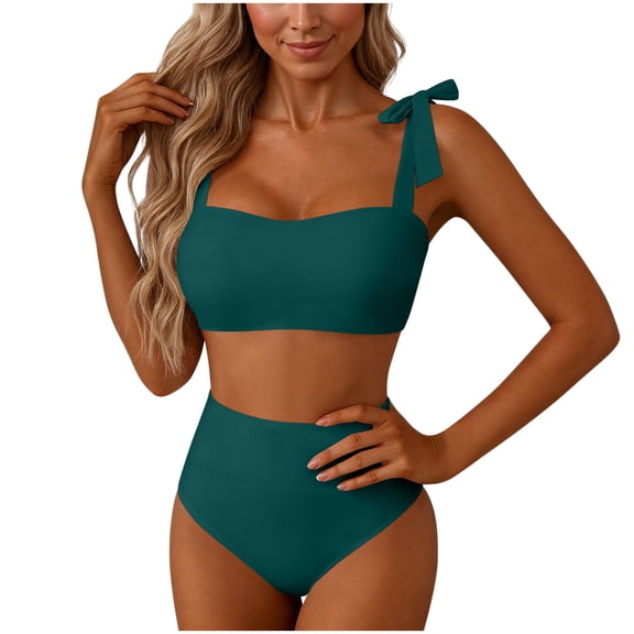 UTSJKR Women's Multi Color Solid Shoulder Tie Bikini Set, High Waist 2 Piece Bathing Suit for Summer Casual Pool and Beach Wear Green M