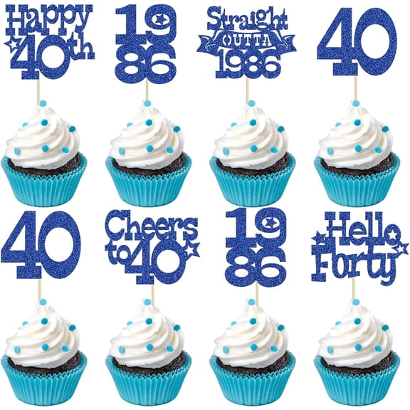 12Pcs Blue Glitter 40th Birthday Cupcake Toppers, "Hello 1986, Cheers to 40" Picks for 40th Birthday Party Cake Decorations