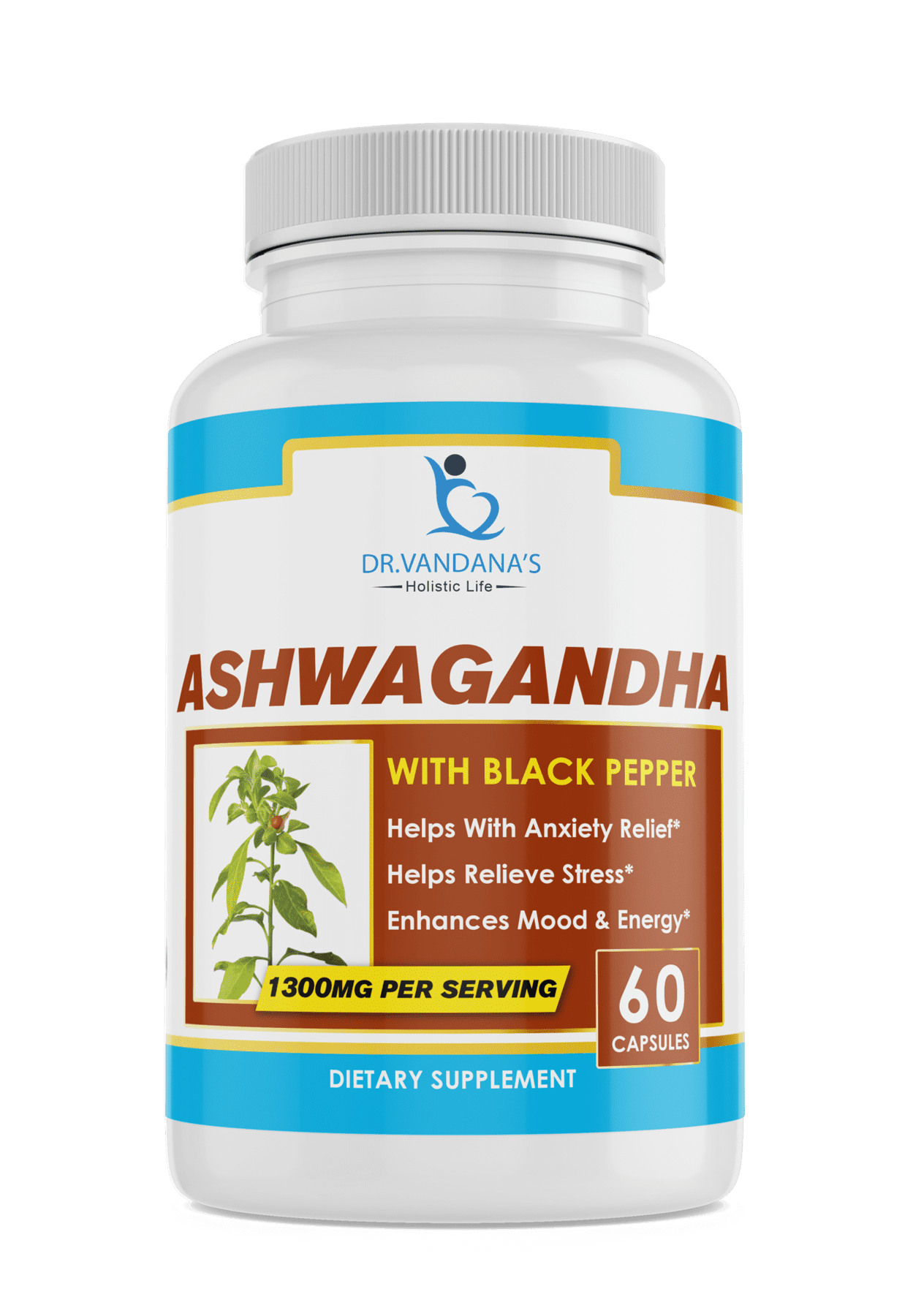 Ashwagandha with Black Pepper by Dr. VANDANA'S Holistic Life, 60 Count