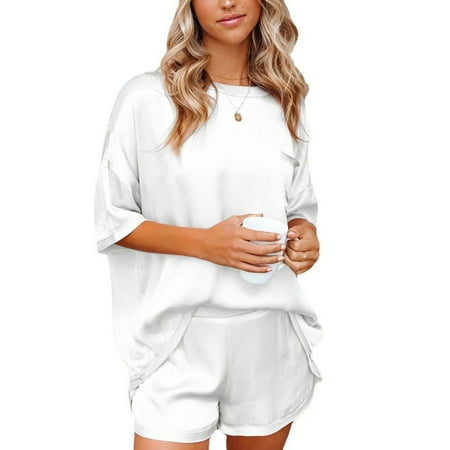 

Cross-Border 2021 New Solid Color Satin Pajamas Home Wear Short Sleeve Shorts Irregular Casual Two-Piece Suit