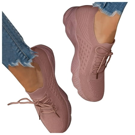 

Cathalem Lace-up Large Women s Size Flying Platform Fashion Solid Knitted Color Women s Sneaker Guards Womens Pink 8