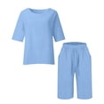 thumbnail image 4 of MaFYtyTPR 2 Piece Sets for Women Cotton Linen Solid Color Short Sleeve Crew Neck Shirt and Loose Wide Ledg Pants Casual Lounge Set for Summer A-Blue L, 4 of 4