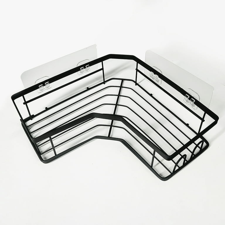 Wall Mount Adhesive Stainless Steel Corner Shower Caddy Organizer Shelf  with 8 hooks in Matte Black 2-Pack