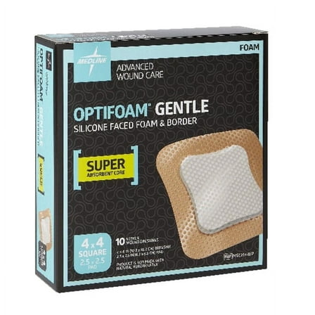 Medline Optifoam® Gentle Silicone-Faced Foam & Border Dressings, 4" x 4", Natural, Box Of 10