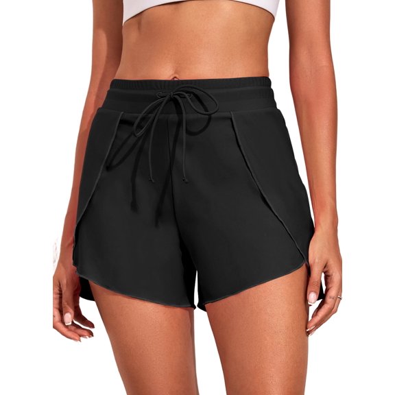 Sidefeel Women Swim Board Shorts High Waisted Swimming Shorts with Liner Side Split Bikini Bottoms Black L