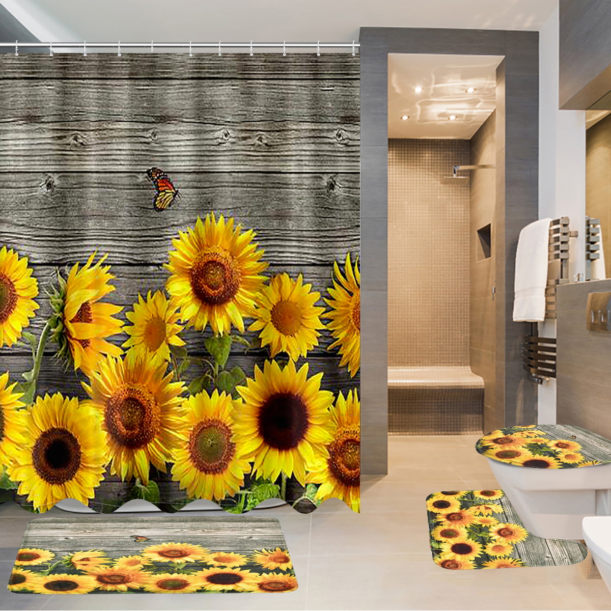 Brown Wood Board Sunflowers Waterproof Fabric Shower Curtain Bath Accessory Sets 