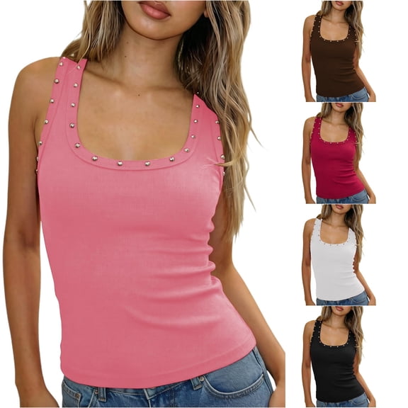 Rhuody Summer Tank Tops For Women Wide Strap Round Neck Edgy Rhinestone Slim Fit Sleeveless Crop Top Going Out Vest Retro Wear 4Xl Rd2