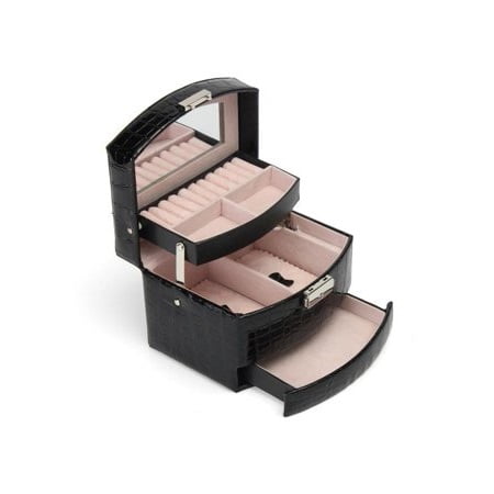 - Jewelry Organizer Box, 3 Layers Jewelry Box Girls Jewelry Storage Organizer Mirrored Mini Travel Case Lockable Black Faux Leather for Valentine's Day Gift Beads, Rings, Earrings, N