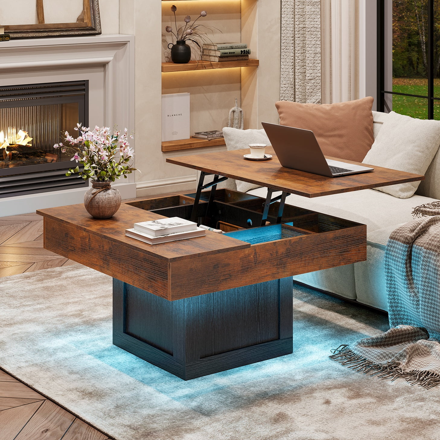 GUNAITO Lift Top Coffee Table with LED Lights, Modern Farmhouse Center Table with Storage, 31.5''Hx31.5''Wx19''D, Brown