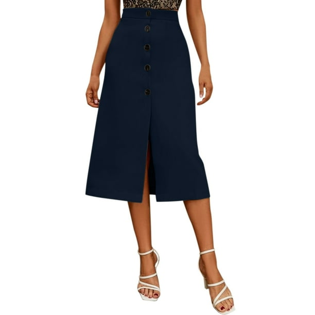 Falda midi elegante de color liso y cintura alta para mujer: corte recto, sin elástico, poliéster, adecuada para la oficina o para llevar de forma informal