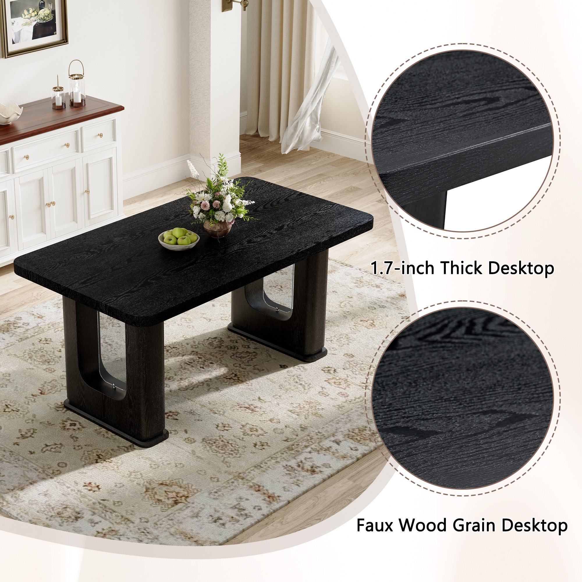Mintazer 64 Inch Modern Black Wood Grain Rectangular Dining Table with Tempered Glass Inset Legs, Minimalist Kitchen Table for 6-8 People, Black