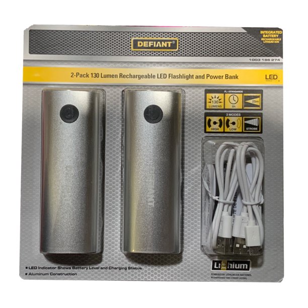 Defiant 2Pack 130 Lumen Aluminum Rechargeable LED Flashlight