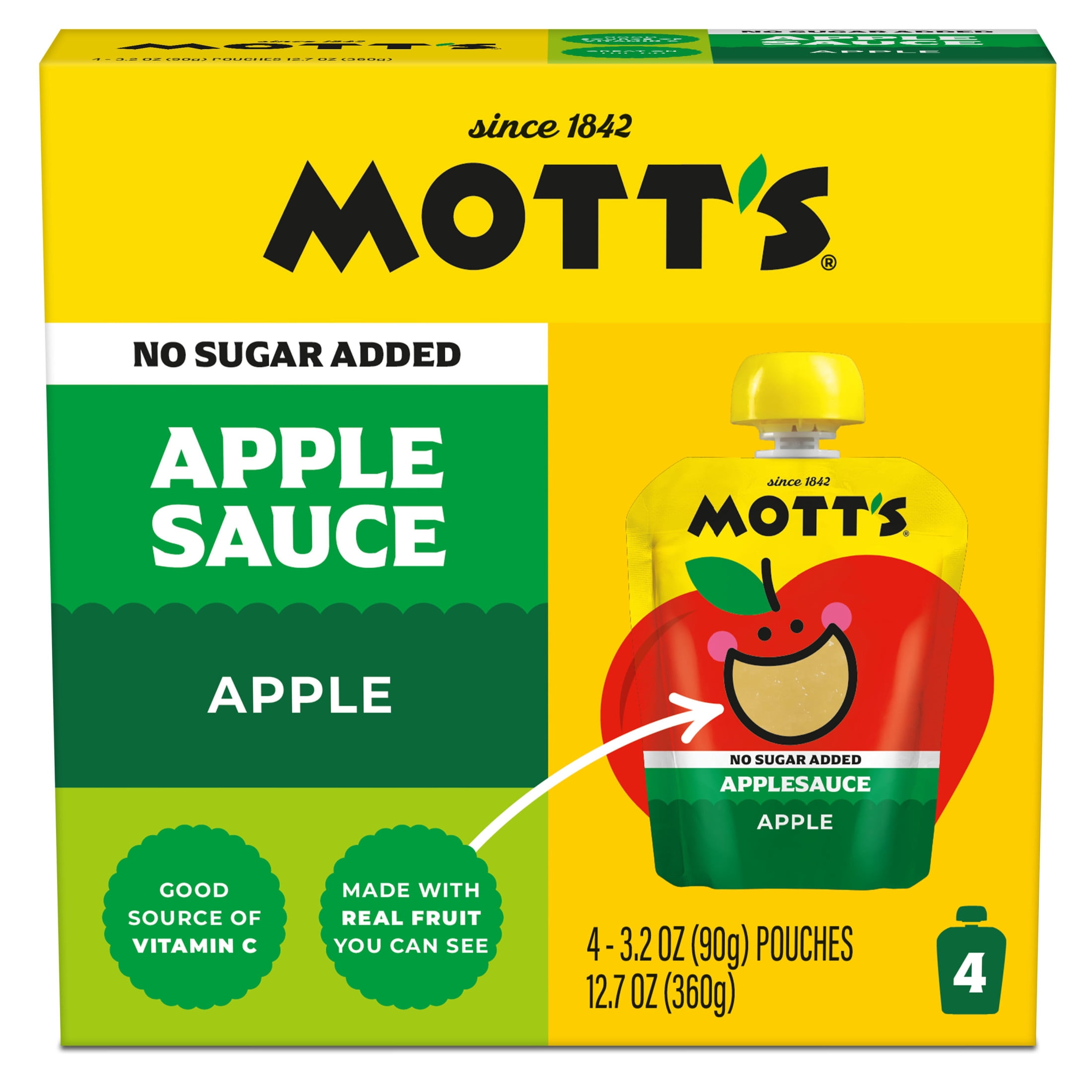 Mott's No Sugar Added Applesauce, 3.2 oz, 4 Count Clear Pouches