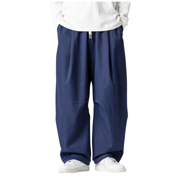 LEKWK Flowy Pants for Men Loose Fit Pleated Front Detail Wide Leg Pants Breathable Fabric Baggy Pants Elastic Drawstring Waist Casual Summer Wear