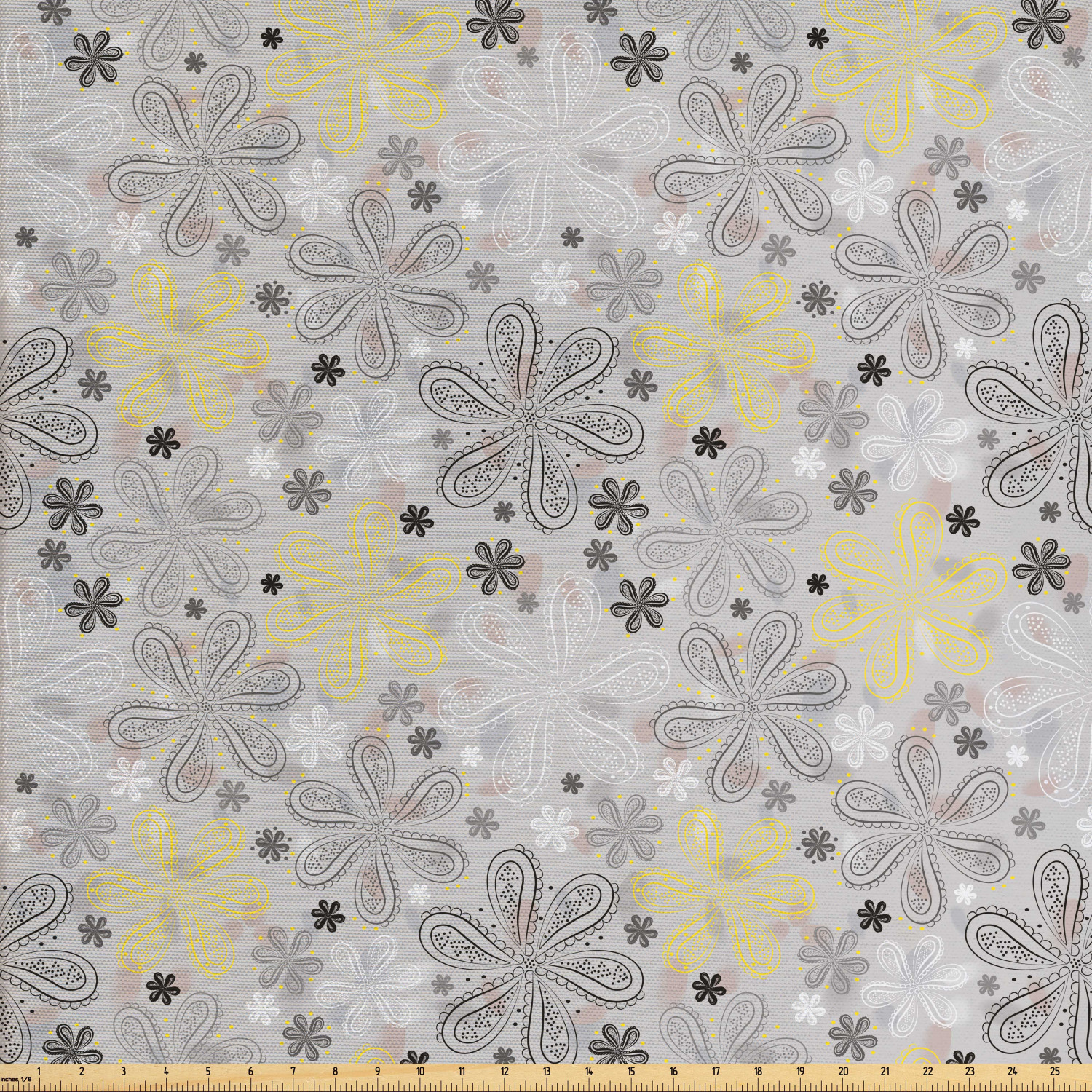 Grey and Yellow Fabric by The Yard, Bohem Style Paisley Print Flowers