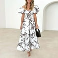 thumbnail image 2 of Hfolob Womens Dresses Summer Female Trendy Boho Floral Print Crew Neck Short Sleeve V Neck Long Dress Vacation Outfits, 2 of 8