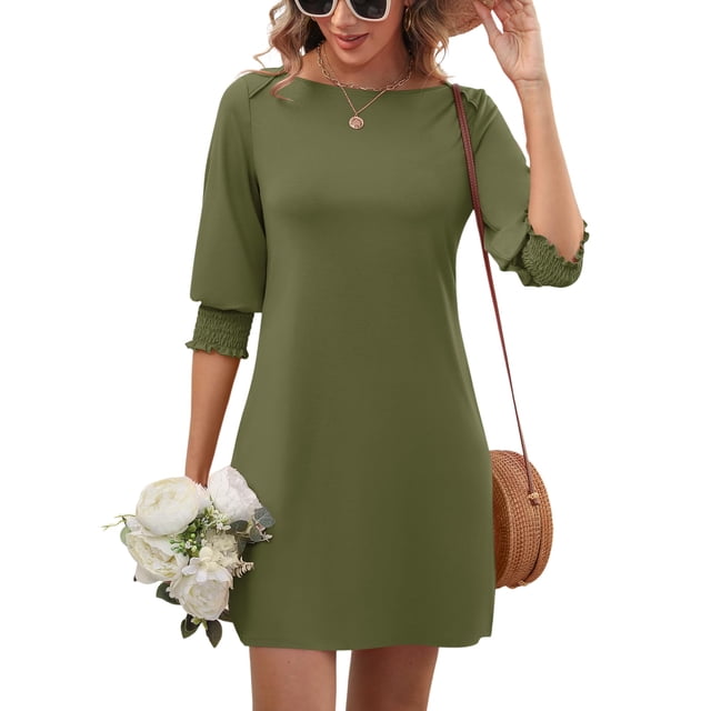 Vestido LUYAA, manga 3/4, cuello redondo, holgado, verde oliva