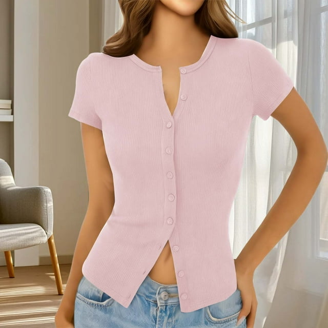 HongQid Womens Short Sleeve Button Up Slim Tshirt Crewneck Button Down Ribbed Knit Cardigan Tee Going Out Basic Dressy Tops