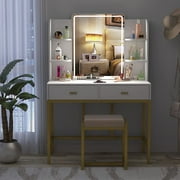 PAKASEPT Vanity Set with Lighted Mirror, Makeup Vanity Dressing Table with LED Lights, Storage Shelves, Cushioned Stool & 2 Drawers, Dresser Desk for Bedroom,(Gold, White)