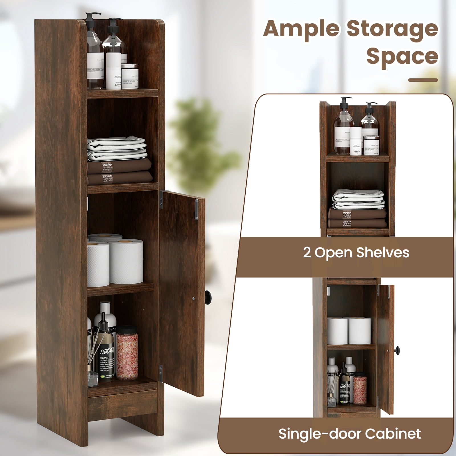 Giantex Slim Corner Bathroom Cabinet, Narrow Floor Cabinet w/ 3-Level Adjustable Shelf, Freestanding Storage Organizer, Brown