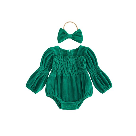 Cjfdfy Newborn Baby Girl Fall Outfit Solid Color Velvet Puff Long Sleeve Square Neck Bubble Romper and Headband Infant Cute Coming Home Fall Winter Outfit 0-12M