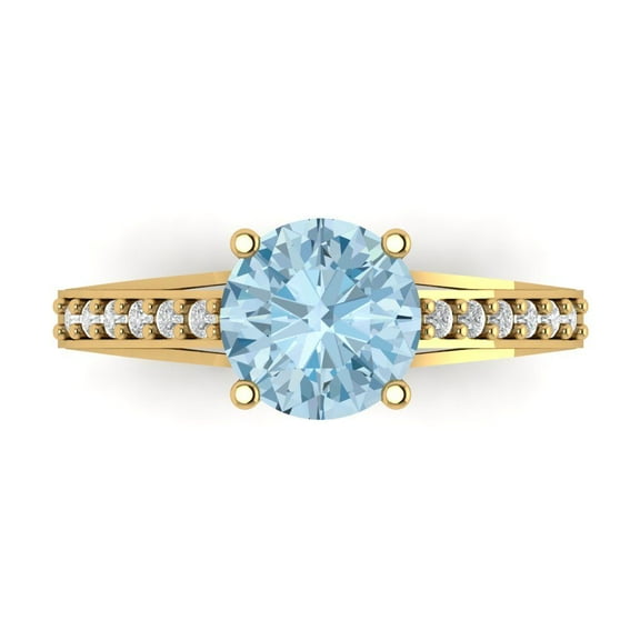 2.21ct Round Cut Blue Natural Swiss Blue Topaz 14k Yellow Gold Engraving Statement Bridal Wedding Designer Ring Size 7.5