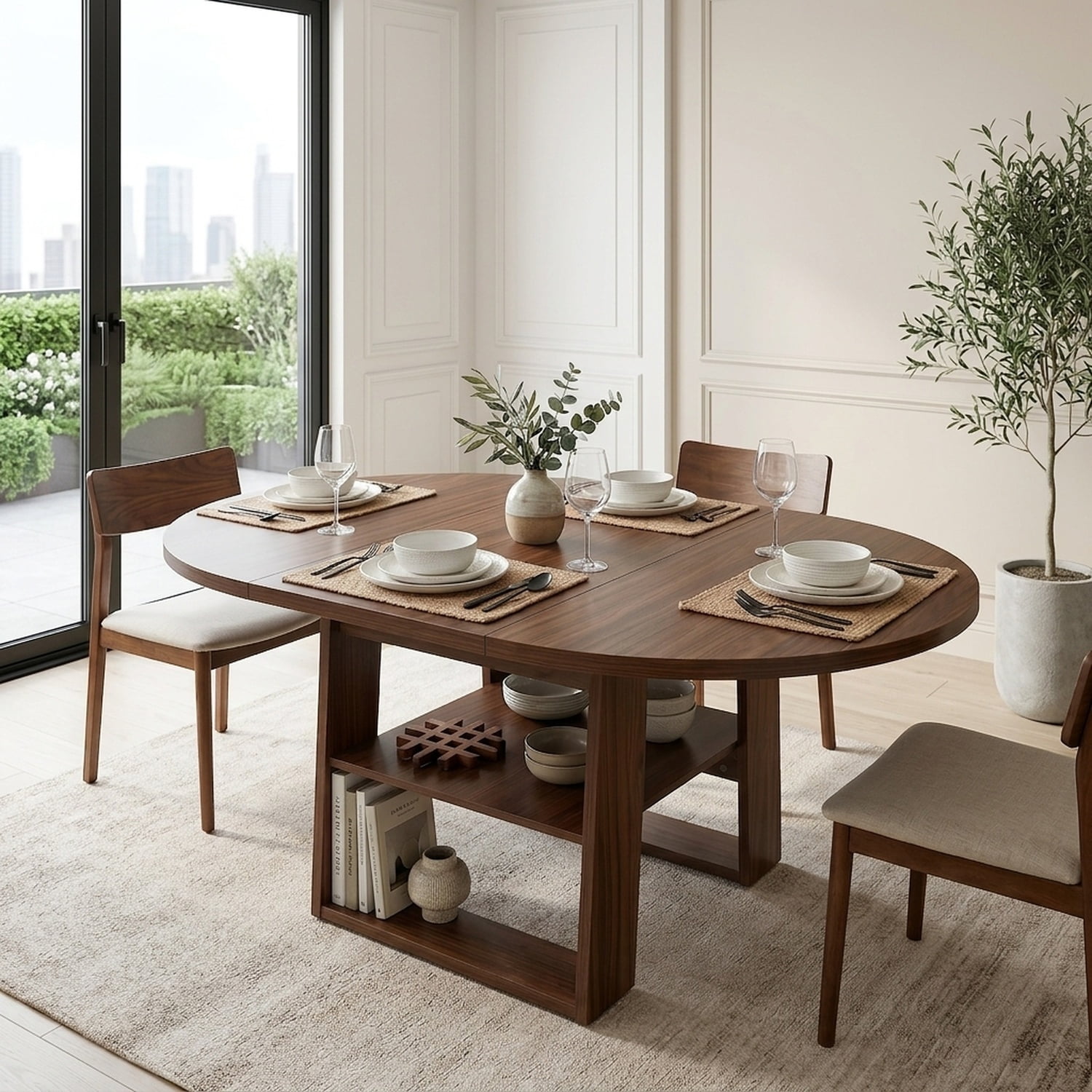 Extendable Round to Oval Dining Table with Built-In Leaf & Storage Shelf - Walnut