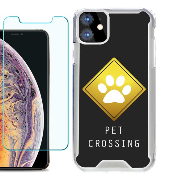 For Apple iPhone 11 Case, Hybrid Bumper Phone Case, with Tempered Glass Screen Protector, by OneToughShield ® - Pet Crossing