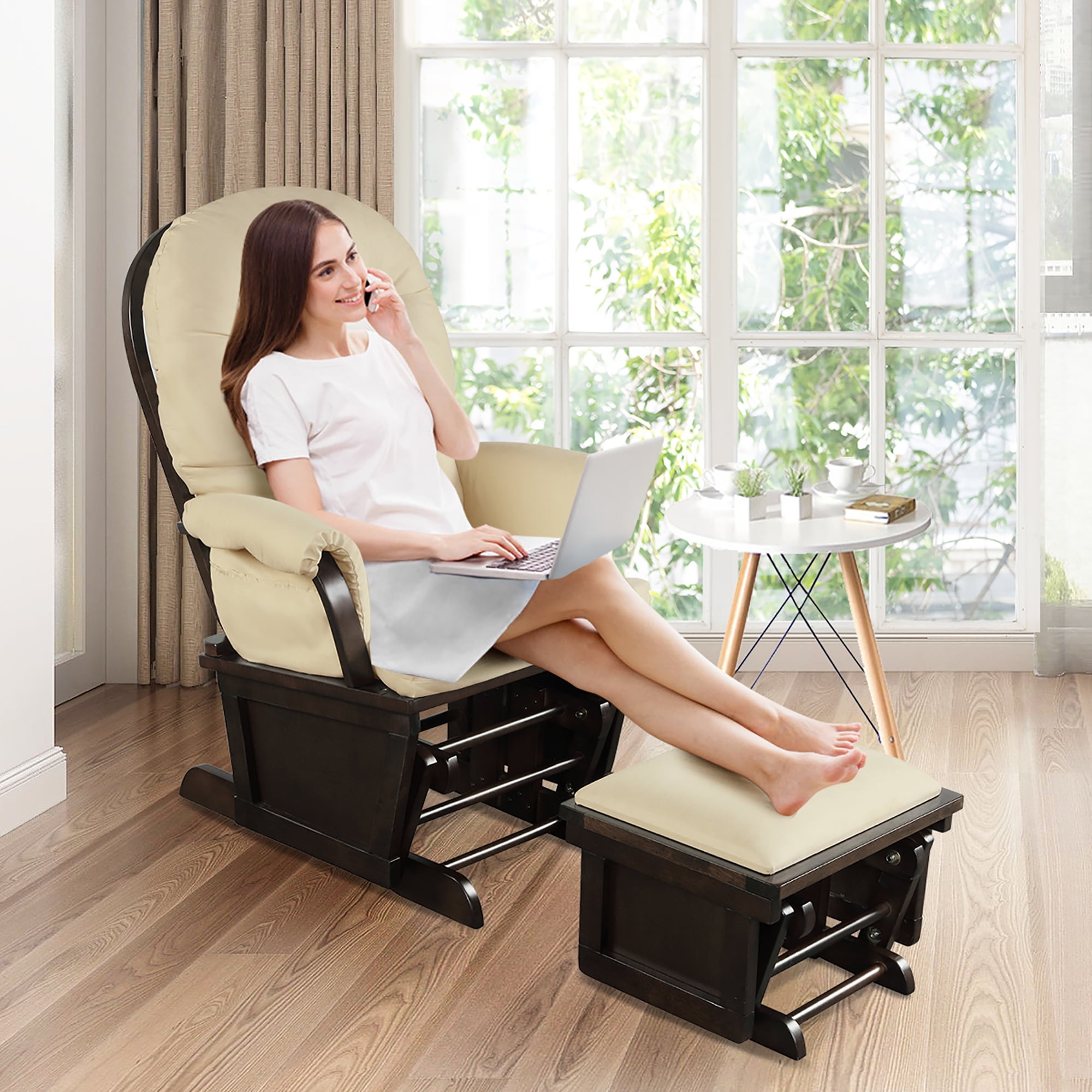 Costway Baby Nursery Relax  Rocker Rocking Chair Glider & Ottoman Set w/Cushion Beige