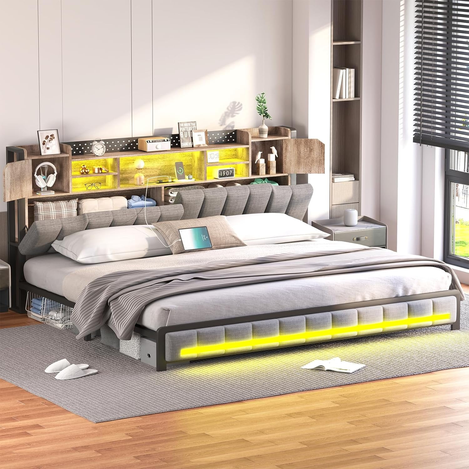 King Size Bed Frame and Bookcase Storage Headboard, LED Upholstered Bed Frame King with Charging Station, Light up King Size Platform Metal Bed Frame, No Box Spring Needed, Charcoal Gray