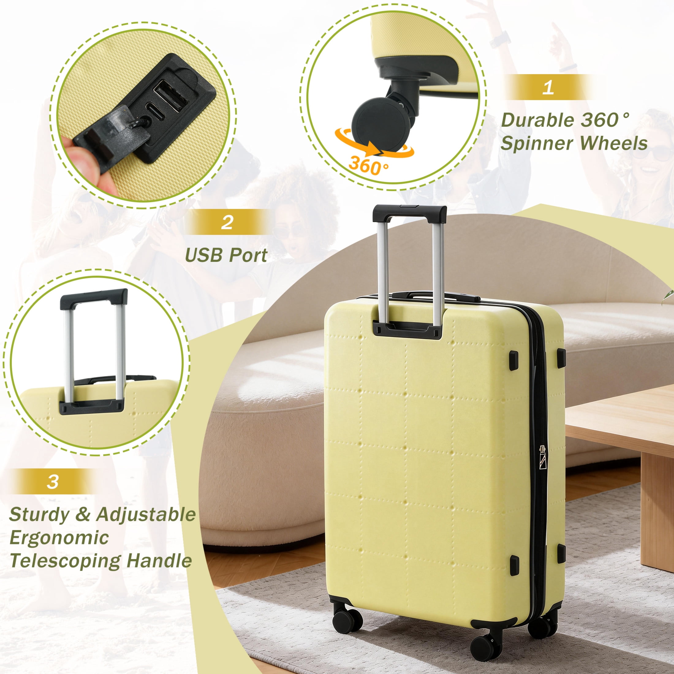 GDF Studio 5-Piece Hardside Luggage Set, Carry-On Suitcase with USB Port and Checked Bags, Spinner Wheels, Yellow