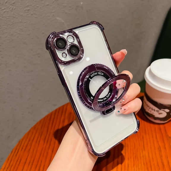 360° Rotatable Magnetic Ring Stand for iPhone 15 Plus Case, [Compatible with Magsafe] Protective Case with Stand & Ring Holder, Luxury Transparent Women Case for iPhone 15 Plus, Purple