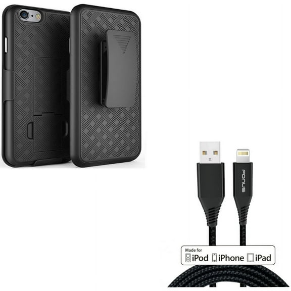 6ft MFi USB Cable w Case Belt Clip for iPhone 8/7 - Certified Charger Cord Power Wire Braided, Holster Swivel Cover Kickstand Armor for iPhone 8/7 Models