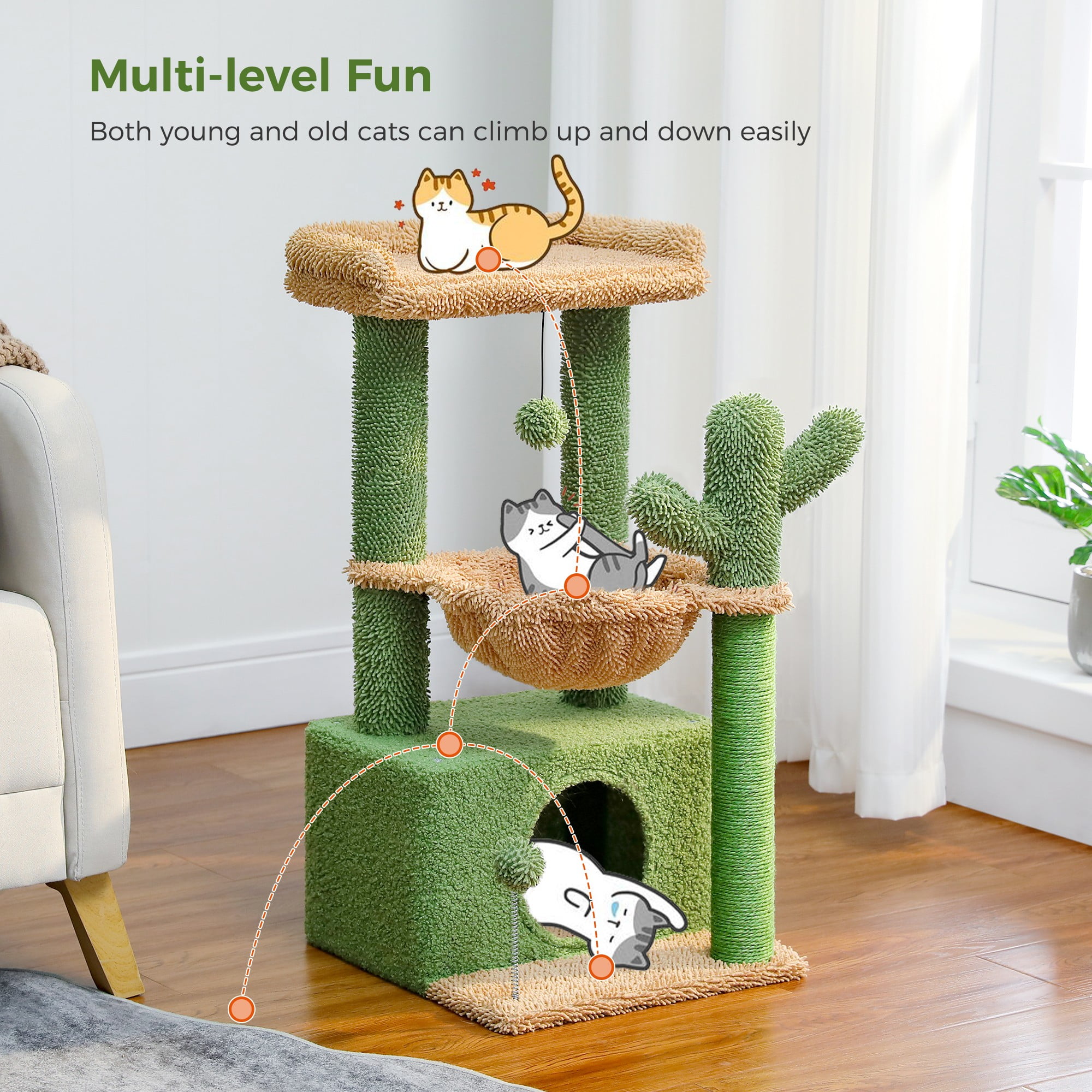 resenkos 33" Cat Tree Tower Grey for Indoors Cats, Kitty Condo with Scratching Post, Modern Activity Climbing for Small and Medium Cats, Green