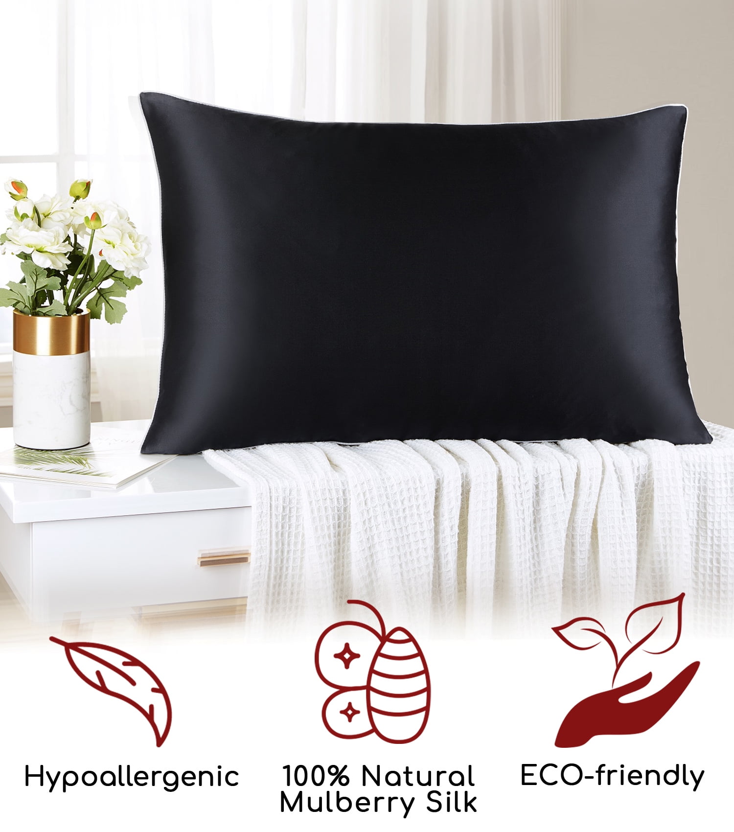 Mellanni Mulberry Silk Collection Black With White Piping Silk Pillowcase, Gift Box, King