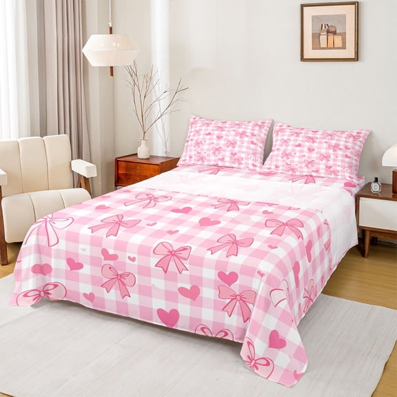 Homewish Kawaii Princess Bowknot Full Size Sheets for Teen, Romantic Love Heart Bed Sheets, Pink Square Checkered Sheet Sets, Super Cozy Room Decor, 4pcs