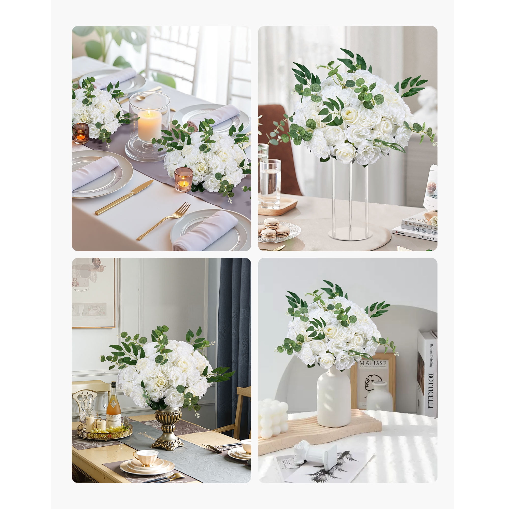 KFFKFF Set of 10 Artificial Flower Balls, 17.7-Inch Diameter White Rose Arrangements, Decorative Faux Floral Centerpieces for Weddings, Home, and Table Decor