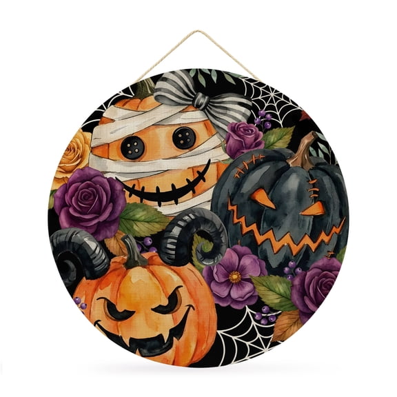 Welcome Sign for Front Door, Pumpkins Halloween Round Metal Wall Art Wreaths, Black Horror Purple Floral Outdoor Indoor Wall Hanging Sign for Porch Decor Housewarming Gifts 11.8 Inch