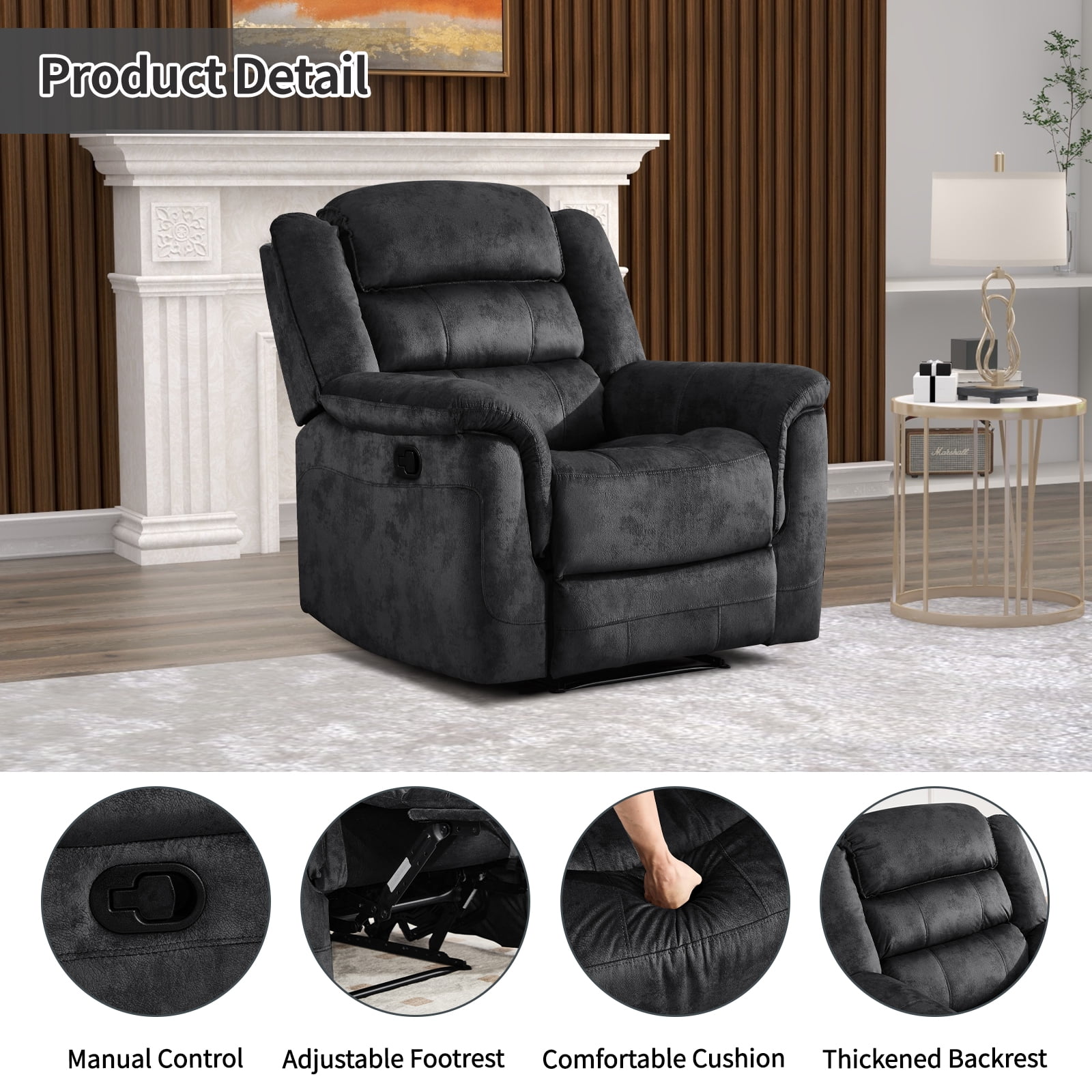 Bonzy Home Fabric Manual Recliner Chair — Modern Single-Seat Recliner with Padded Armrests & Backrest for Living Room & Bedroom Gray