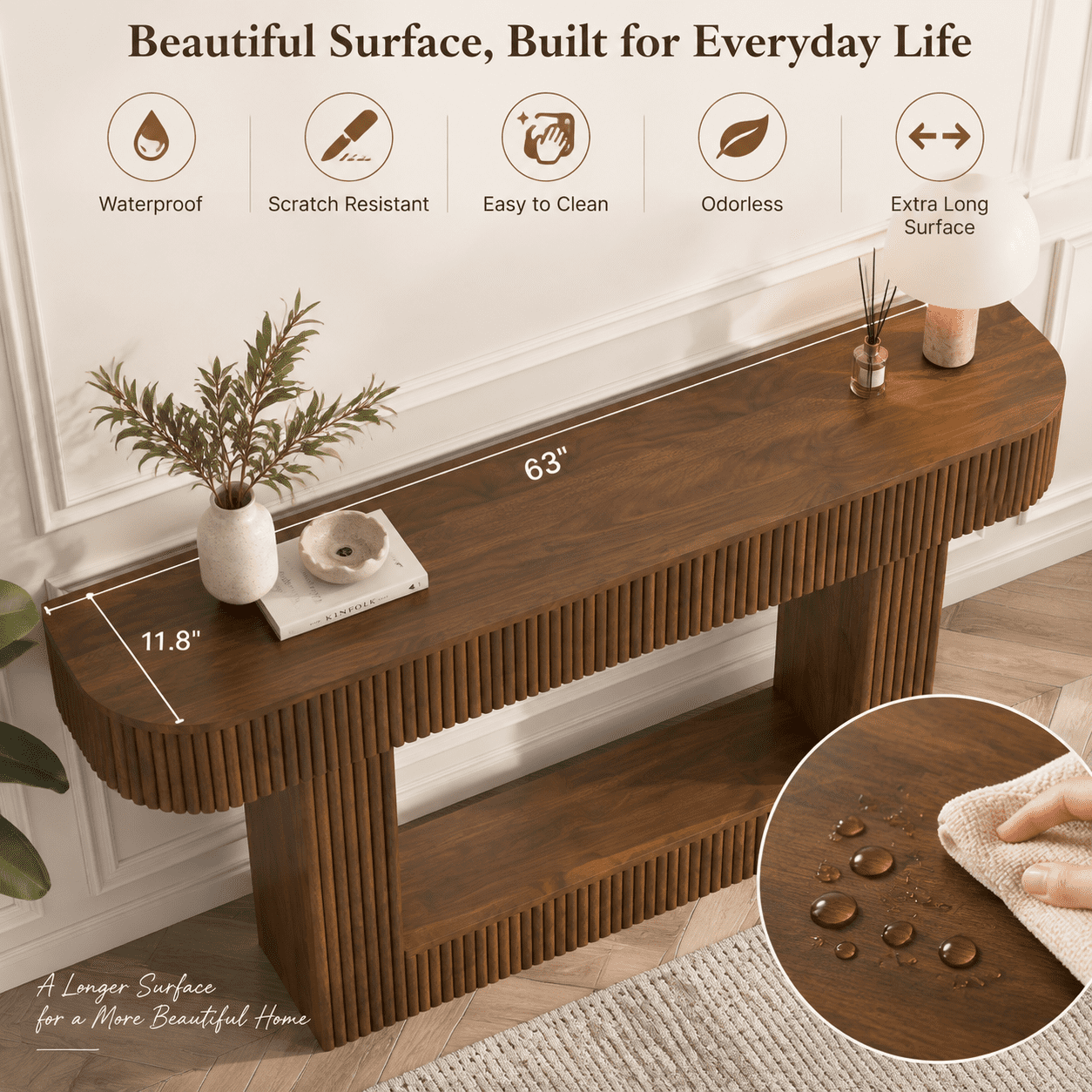 PORKISS 62.9" Console Table with Open Storage, Narrow Long Entryway Table with Rounded Edges, Fluted Sofa Table for Living Room, Hallway, Foyer, Behind Couch, Brown B