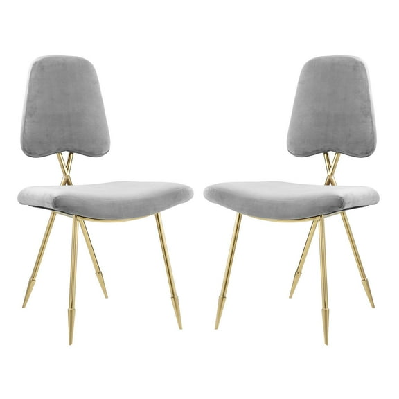 Industrial Country Cottage Farm Beach House Dining Kitchen Room Side Chair, Set of Two, Velvet Fabric Steel Metal, Grey Gray