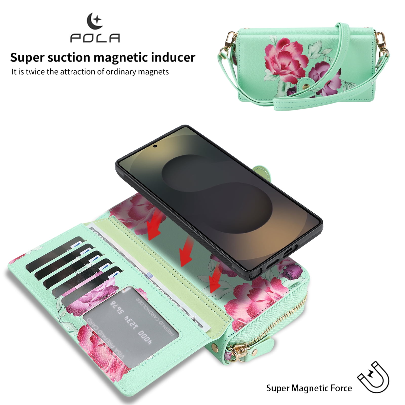 TECH CIRCLE 2-in-1 Wallet Case for Galaxy S25 Ultra (6.9", 2025), Detachable Magnetic Back Cover, PU Leather Flip Flower Phone Case with 15 Card Slots, Zipper Pocket, Wrist/Shoulder Strap, Green