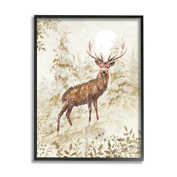 Stupell Industries Elk Snow Covered Forest Holiday Painting Black Framed Art Print Wall Art