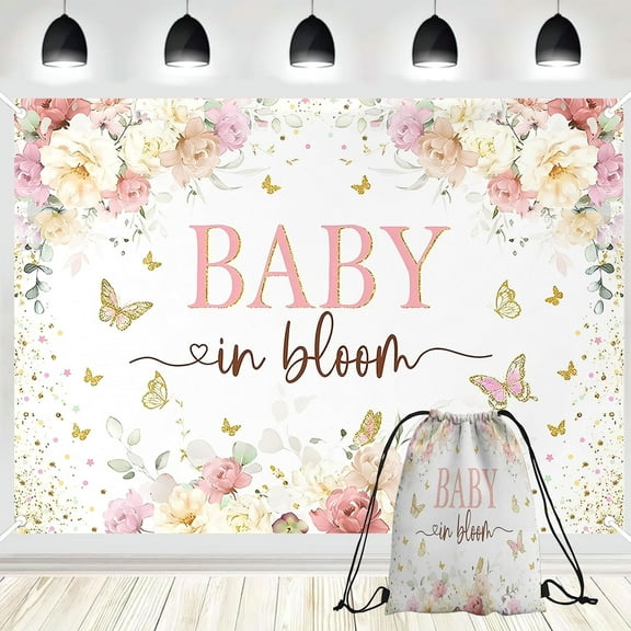 PINUO Baby in Bloom Backdrop Banner with Drawstring Bag Butterfly Backdrop Decorations for Baby Shower 7x5ft Girls Floral Golden Dot A Little Butterfly is On The Way Baby Shower Decorations Banner