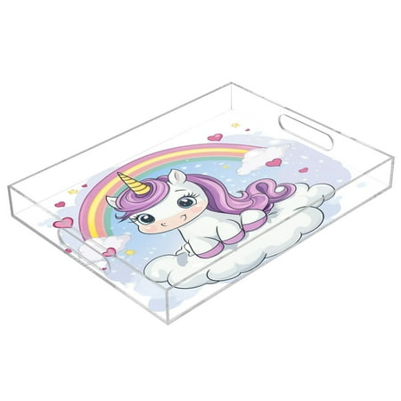 

Clear Acrylic Tray Water Cup Tray Teacup Jewelry Storage Tray for Serving and Home Decor Cartoon Unicorn Sitting on A Cloud