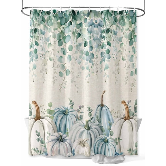 Fsddascl Teal Grey Pumpkin Fall Shower Curtain Set - 72" x 78" Washable Bathtub Curtain with 12 Hooks, Thanksgiving Eucalyptus Leaves Waterproof Fabric Stall Shower Curtains for Bathroom/Bathtub