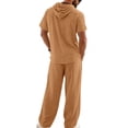 thumbnail image 4 of Men's 2 Piece Hooded Short Sleeve Shirt And Long Pants Set, Linen Textured Casual Outfit With Chest Pocket, Breathable Summer Beach Wear For Vacation And Loungewear,Earthy Yellow,M, 4 of 6