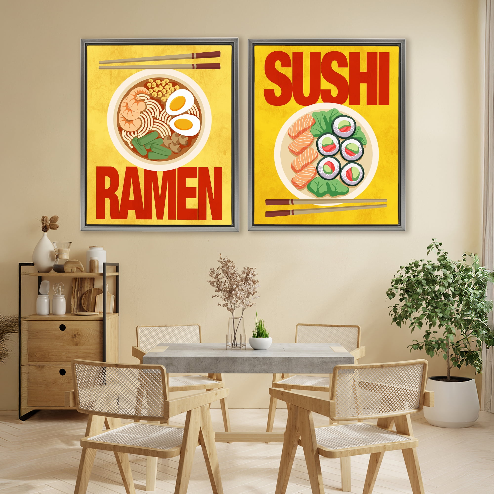 Stupell Industries Ramen & Sushi Japanese Cuisine 2 Piece Gray Framed Floater Canvas Set, design by Marcus Prime